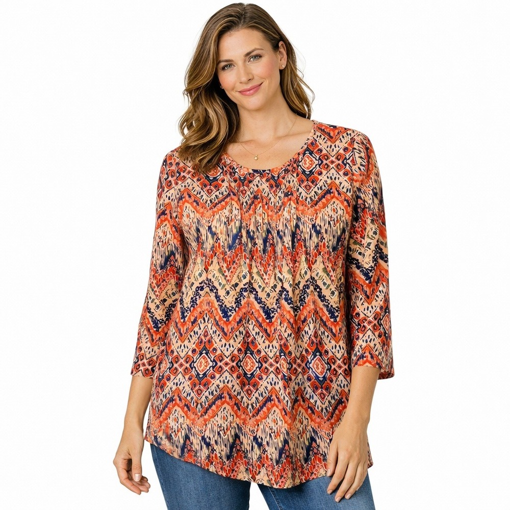 Xieerduo Blouse Womens Small Orange Blue Ikat Chevron Pleated 3/4 Sleeve‎ Top